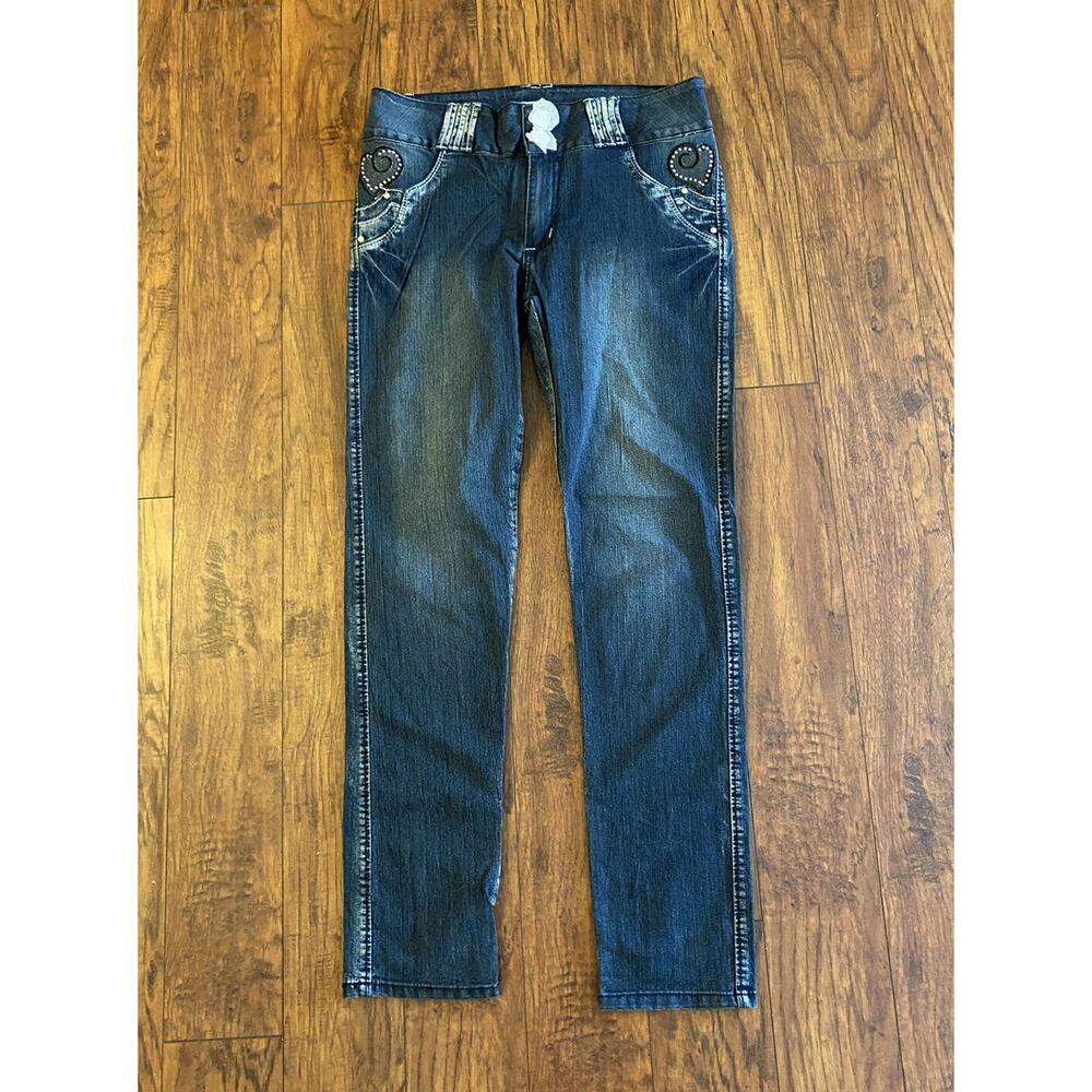 New Only You Youth Girls Jeans 33x32 Size 18 With Shiny Rhinestones And Hearts
